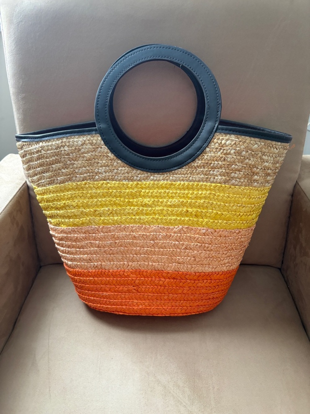 Striped Straw Tote with Black Round Handles - Yellow, Peach & Orange